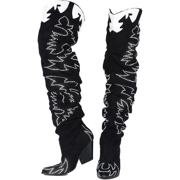 Women Stone Black Fabric Thigh High Over The Knee Pointed Toe Chunky Heel Boot - Picture 1 of 4